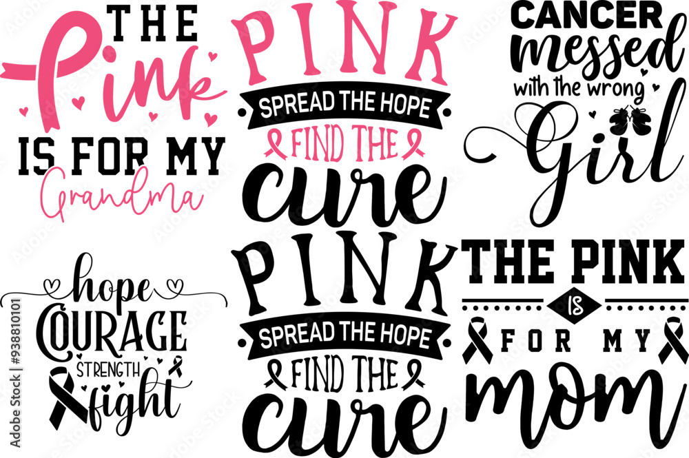 Fototapeta premium Vibrant Breast Cancer Awareness Inscriptions, Phrases Pack Vector Illustration for Stationery, Banner, Motion Graphics