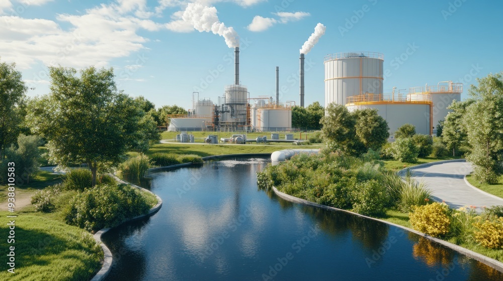 Aerial view of a biogas facility processing black toxic water, with multiple tanks and pipelines in an industrial setting. Aerial view of a biogas facility processing black toxic water, with multiple tanks and pipelines in an industrial setting.