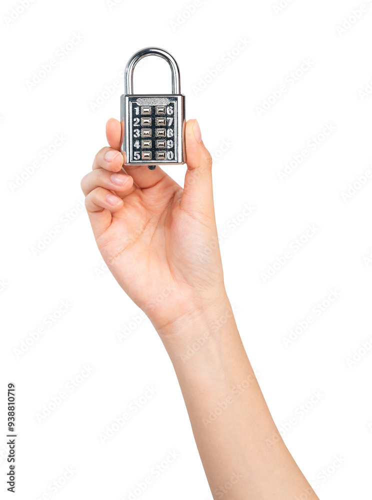 Hand hold a padlock with a numeric code to unlock it on isolated white background. Hand hold a padlock with a numeric code to unlock it on isolated white background.