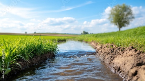 Agricultural field with pesticides leaking into a nearby stream, polluting the water .