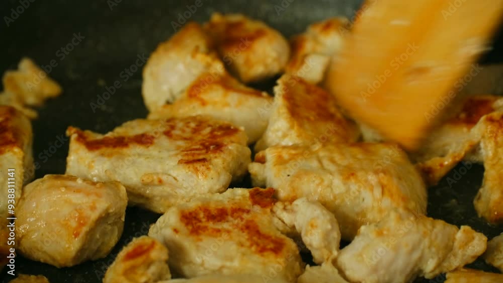Cook uses spatula to mix chicken fillets frying in pan. Home kitchen fills with mouthwatering scent of cooking chicken for family members Cook uses spatula to mix chicken fillets frying in pan. Home kitchen fills with mouthwatering scent of cooking chicken for family members