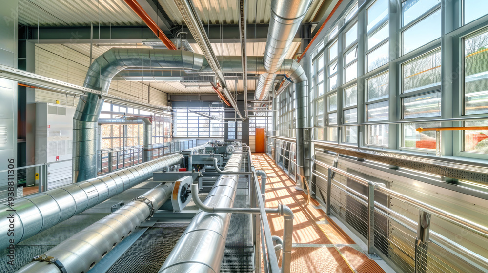 Fototapeta premium The interior showcases a well-designed ventilation system, highlighted by sleek steel pipes and bright sunlight illuminating the workspace