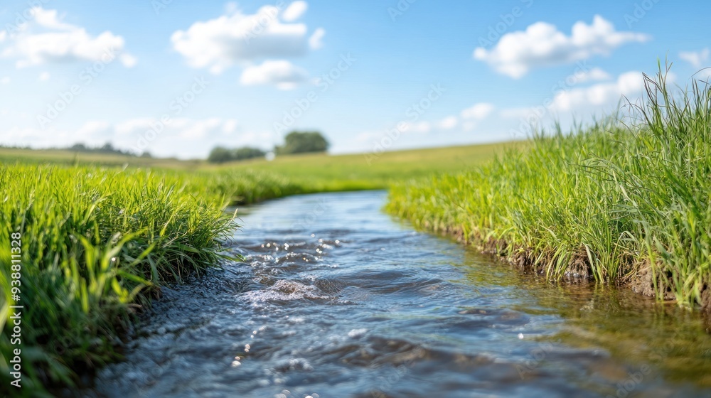 Agricultural field with pesticides leaking into a nearby stream, polluting the water.