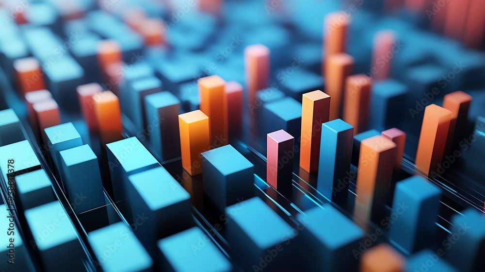 Obraz premium Colorful data visualization with vibrant bars representing various metrics in a dynamic 3D space.