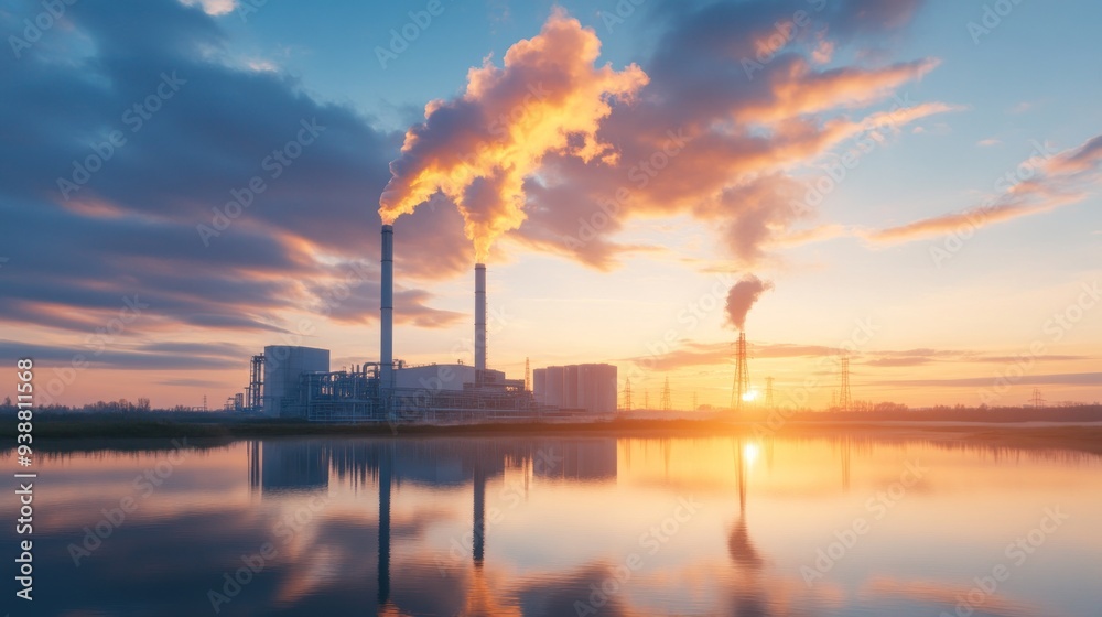 A biogas facility at dusk, processing black toxic water into methane gas, with industrial tanks and pipelines silhouetted against the sky. A biogas facility at dusk, processing black toxic water into methane gas, with industrial tanks and pipelines silhouetted against the sky.