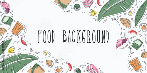 Background border pattern of Malaysia food, dessert, snack and sweet. Outline style doodle with colorful design . Vector illustration with white background.