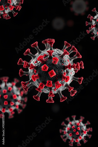 A close-up, digitally rendered image of a virus, showcasing its spherical shape and spike proteins. The virus is depicted in vibrant colors, with a glowing effect against a dark background.