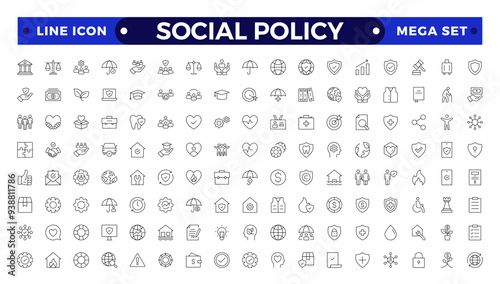 Social policy Outline web icon vector illustration concept with icons of government, society, legislation, services, health care, welfare, reform, education.