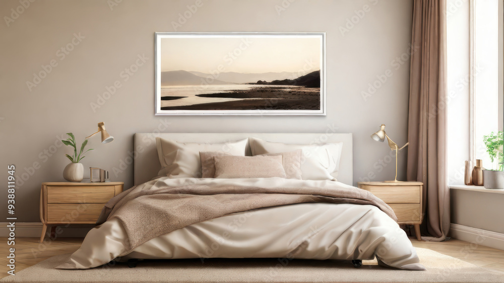 Obraz premium cozy bedroom interior featuring a landscape frame on the wall above the bed, creating a serene and stylish focal point