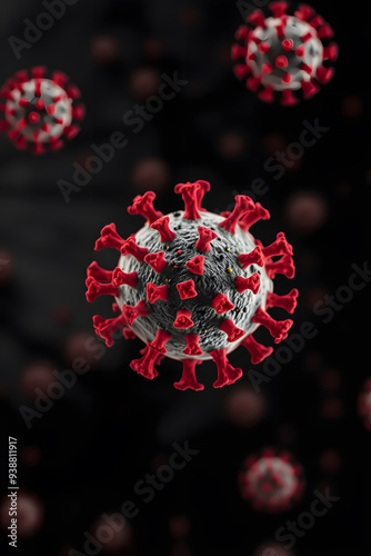 A close-up, digitally rendered image of a virus, showcasing its spherical shape and spike proteins. The virus is depicted in vibrant colors, with a glowing effect against a dark background.