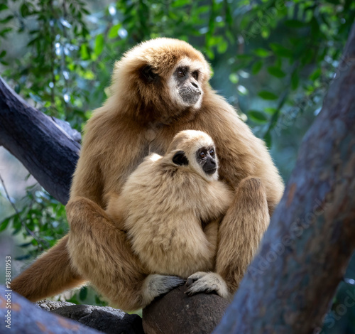 A mother Gibbon and her baby sitting in a tree