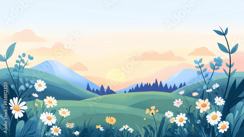 A serene landscape featuring rolling hills, blooming flowers, and soft sunset creates peaceful atmosphere. scene evokes feelings of tranquility and beauty.