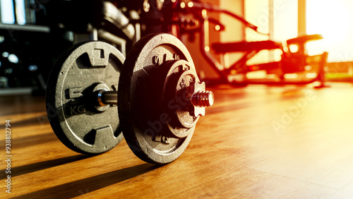 Foto Barbell or dumbbell in the gym during sunset