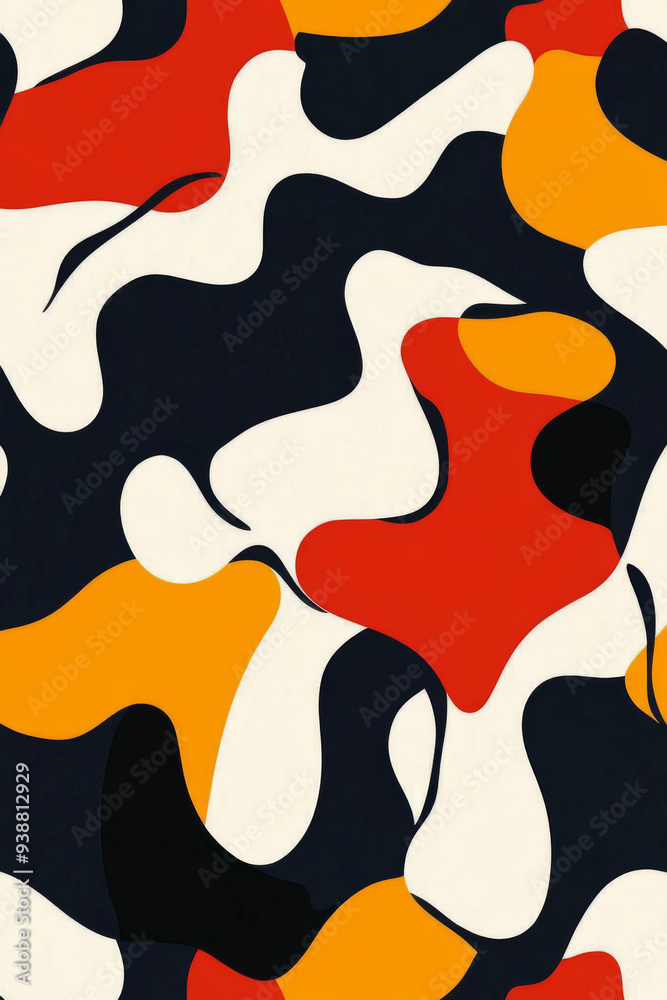 A colorful abstract painting with black and white splashes of red, yellow