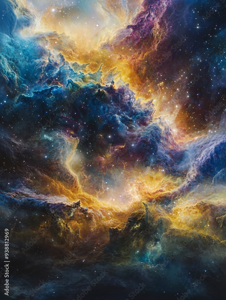 Fototapeta premium A vibrant cosmic scene depicting the birth of stars within swirling clouds of luminous gases and colorful nebulae.