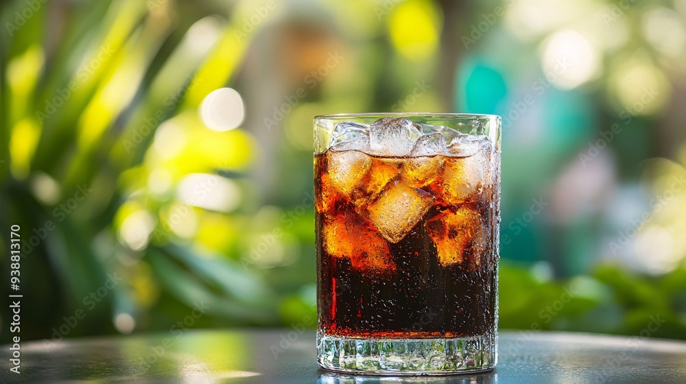 A stylish glass tumbler with cold cola and ice cubes, sitting on a summer patio table with a blurred background of greenery A stylish glass tumbler with cold cola and ice cubes, sitting on a summer patio table with a blurred background of greenery