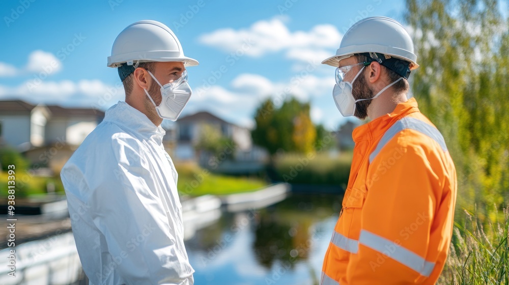 Engineers in protective suits monitoring the biogas production from black toxic water, with control panels and industrial tanks prominent. Engineers in protective suits monitoring the biogas production from black toxic water, with control panels and industrial tanks prominent.