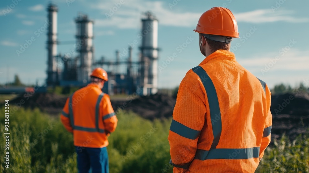 Engineers in protective suits monitoring the biogas production from black toxic water, with control panels and industrial tanks prominent. Engineers in protective suits monitoring the biogas production from black toxic water, with control panels and industrial tanks prominent.