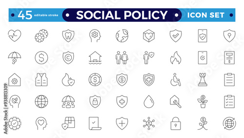 Social policy Outline web icon vector illustration concept with icons of government, society, legislation, services, health care, welfare, reform, and education. Editable stroke outline icon. 