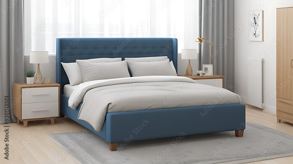 A stylish bedroom with a comfortable bed, luxurious bedding, soft lighting, modern furniture, and a soothing color palette