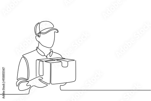 continuous single line drawing of delivery person holding parcel, line art vector illustration
