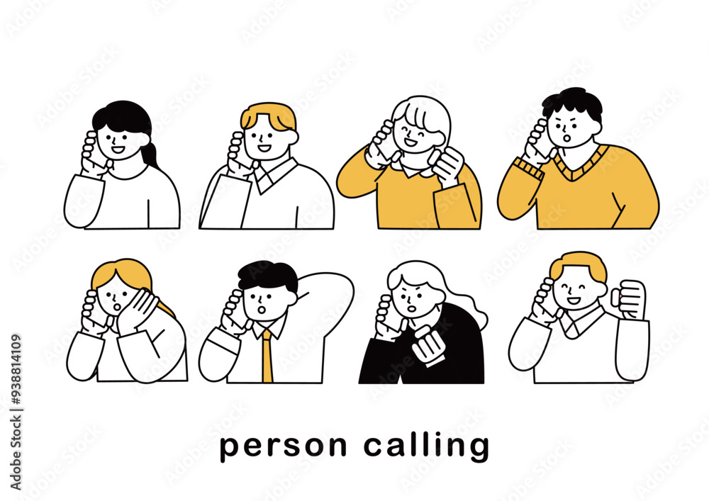 Naklejka premium 電話をかけている人物のポーズイラストセット