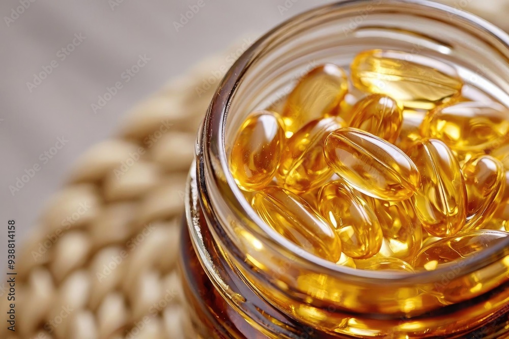 Close-up of golden fish oil capsules in a glass jar, showcasing their shiny texture and health benefits. Close-up of golden fish oil capsules in a glass jar, showcasing their shiny texture and health benefits.