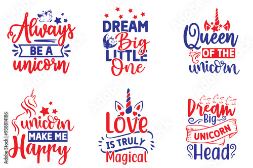 Colourful Unicorn Quotes, Inscriptions Bundle Vector Illustration for Flyer, Newsletter, Advertising