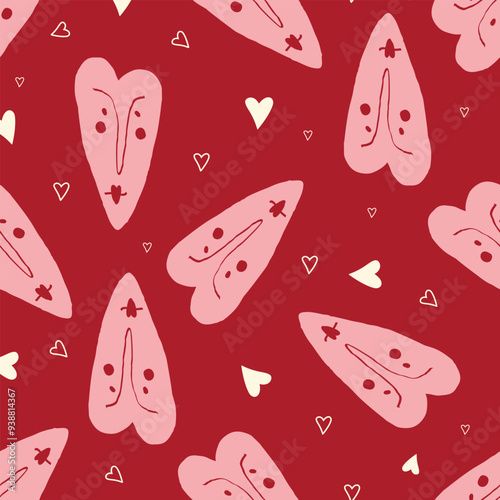 Valentines Day pattern with vibrant expressive funky hearts. Groovy cute love hearts