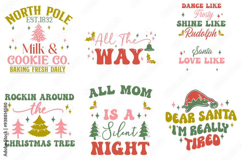 Fototapeta premium Minimal Retro Christmas Shirt Calligraphic Lettering, Inscriptions Set Vector Illustration for Advertising, Logo, Icon