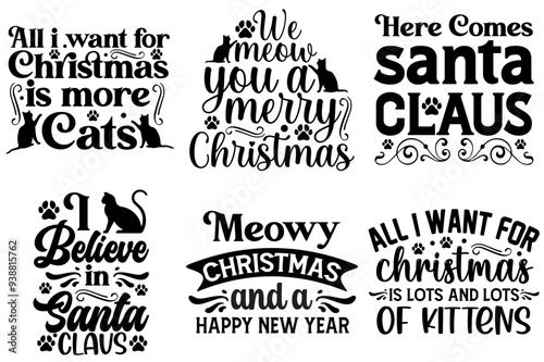 Minimalist Christmas Cat Inscriptions, Invitation Collection Vector Illustration for Vouchers, Motion Graphics, T-Shirt Design