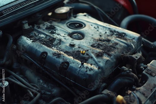 Dirty car engine covered in oil and grime photo