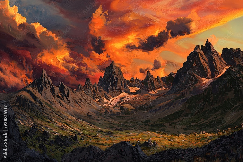 Obraz premium A sudden change in terrain unveils a breathtaking sunset that bathes rugged peaks in vibrant, fiery colors, showcasing natures striking beauty.