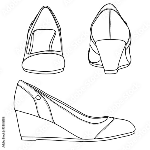 Women's Mid Wedge Heel Pump Shoes Line art,Technical sketch hand drawing outline vector doodle illustration front, side and rear view isolated on white background
