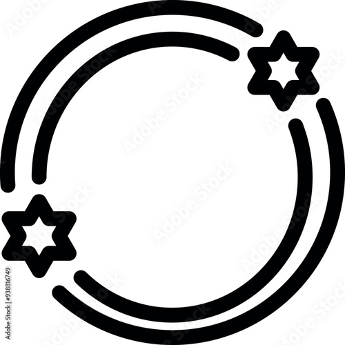 Two star of david are connected by a double curved line, forming a circle
