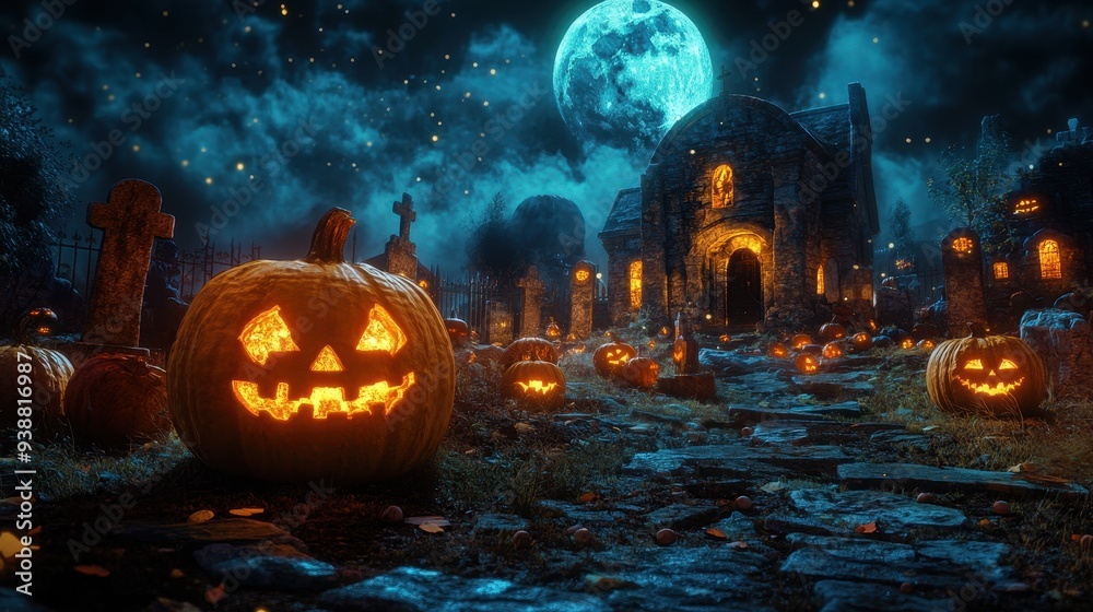 Naklejka premium Spooky Halloween Night with Carved Pumpkins Old Church and Full Moon