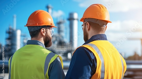 Workers in protective suits managing the biogas production from black toxic water at industrial equipment and safety measures in place .