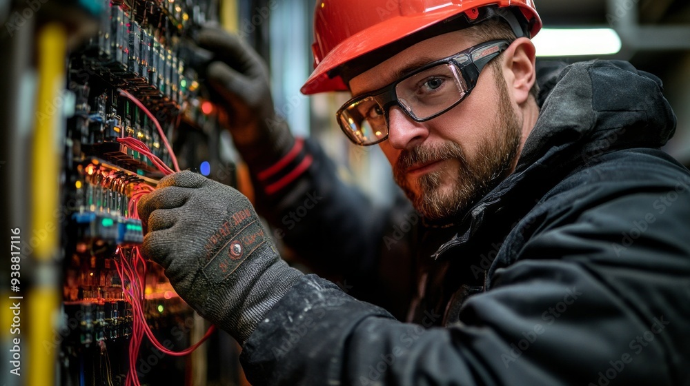 A man in a hard hat is working on electrical wires. He is wearing a plaid shirt and gloves A man in a hard hat is working on electrical wires. He is wearing a plaid shirt and gloves