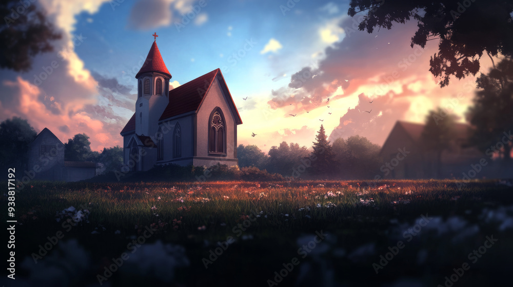 A church with a red roof and a cross on top. The sky is blue and the sun is setting A church with a red roof and a cross on top. The sky is blue and the sun is setting