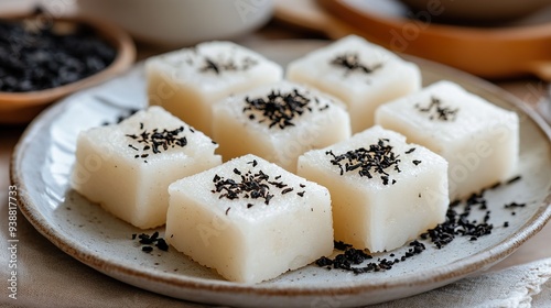 white square rice cakes with sprinkled black tea leaves on top