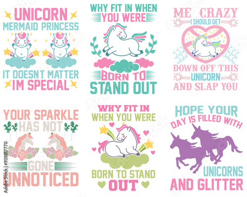 Simple Unicorn Phrases, Trendy Retro Style Illustration Bundle Vector Illustration for Gift Card, Holiday Cards, Printing Press