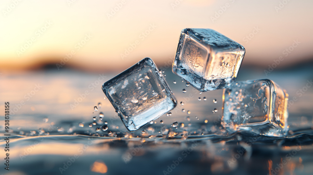 Three ice cubes floating in the water. The water is calm and the sky is orange. The cubes are scattered around the water, with one on the left, one in the middle, and one on the right Three ice cubes floating in the water. The water is calm and the sky is orange. The cubes are scattered around the water, with one on the left, one in the middle, and one on the right