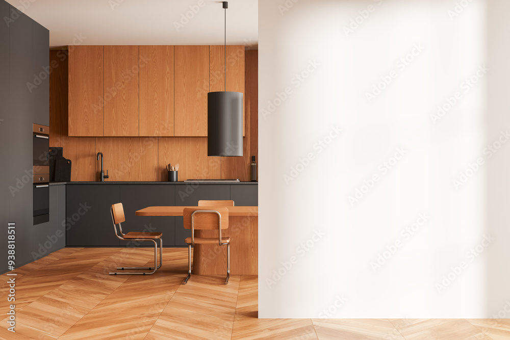 Home kitchen interior with dinner table and cooking cabinet, wall mockup Home kitchen interior with dinner table and cooking cabinet, wall mockup