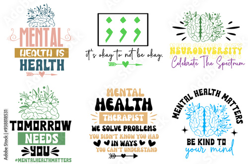 Colourful Mental Health Quotes, Hand Lettering Bundle Vector Illustration for Mug Design, Infographic, Greeting Card
