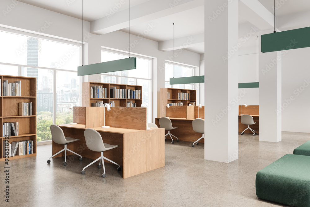 Fototapeta premium Bright school library interior with workplace and bookshelves, panoramic window
