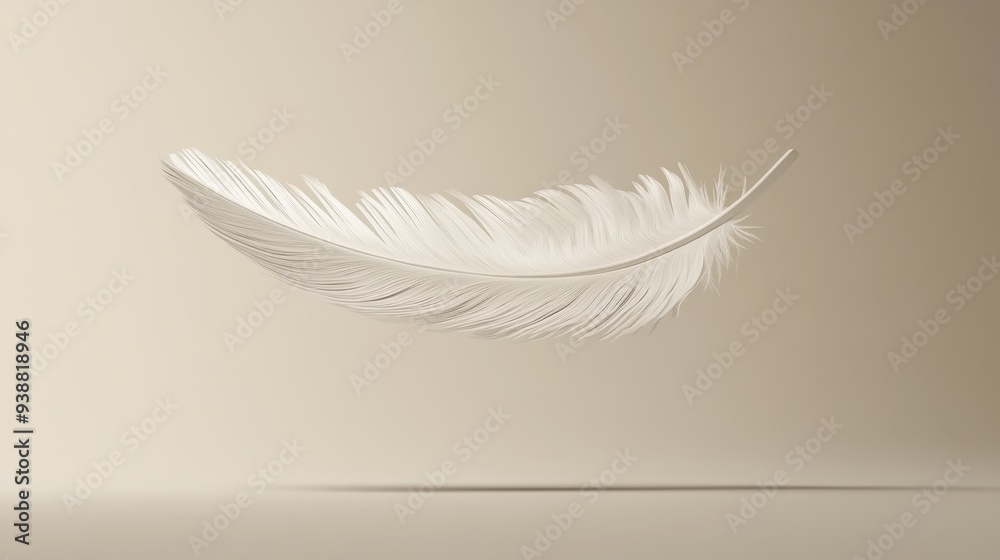Obraz premium Single White Feather Floating in Mid Air Against a Beige Background