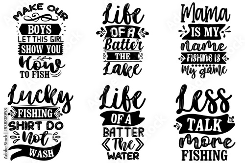 Decorative Fishing Trendy Retro Style Illustration, Calligraphic Lettering Collection Vector Illustration for Magazine, Mug Design, Social Media Post