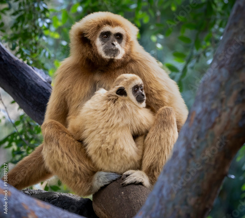 A mother Gibbon and her baby sitting in a tree