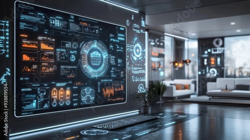 Wallpaper Mural Futuristic Interface With Data Visualization On A Large Screen In A Modern Home Office Torontodigital.ca