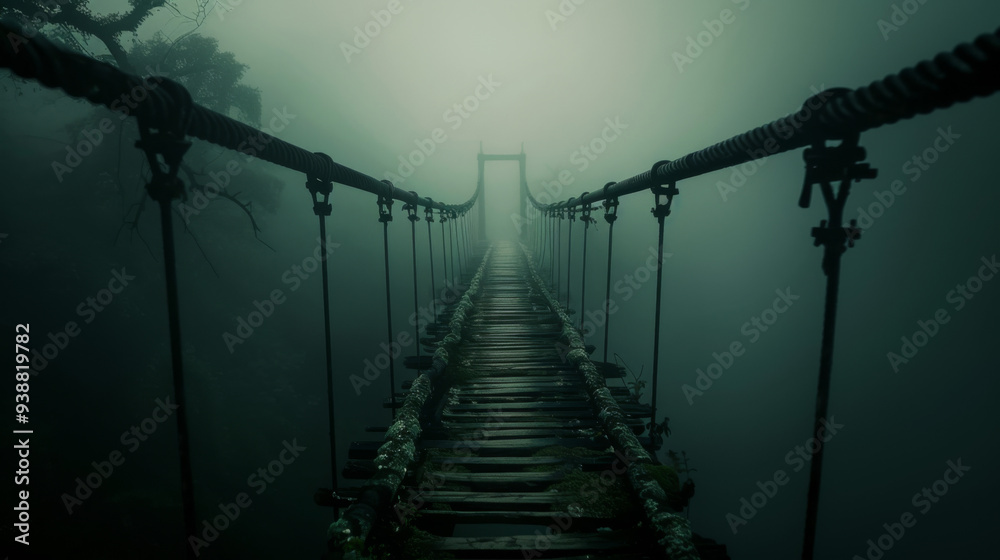 Obraz premium A bridge with a foggy sky in the background. The bridge is old and has a wooden walkway